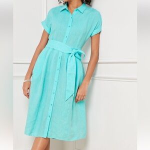 Talbots Aqua Midi Shirt Dress THE SUTTON SHIRTDRESS - CROSS DYE LINEN pit 17